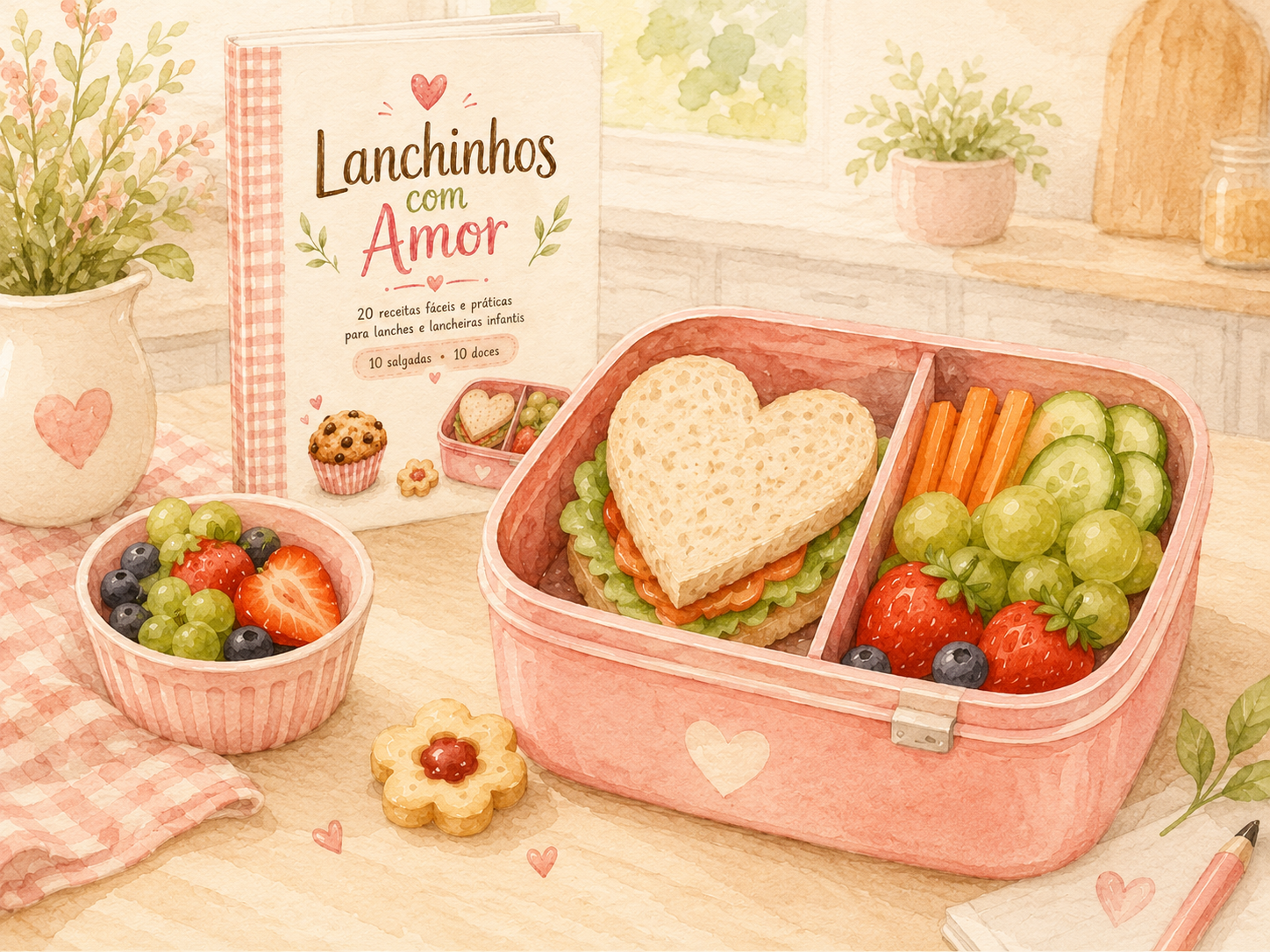 Lancheira rosa saudável com sanduíche em formato de coração, frutas e e-book ao fundo